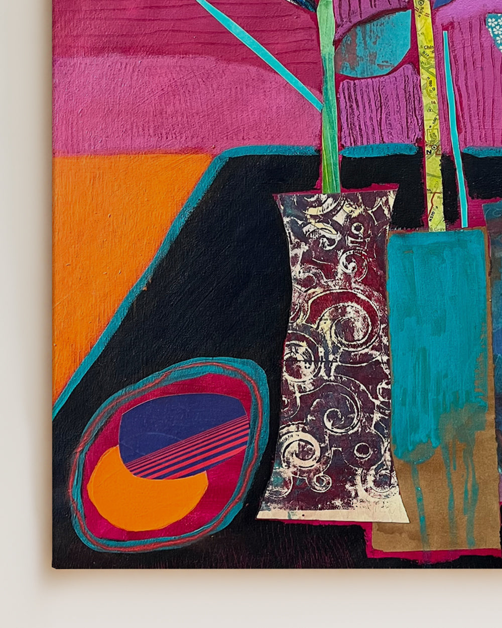 Abstract artwork with vibrant colors and geometric shapes on wood panel. Detail close up shot. Shop original floral and botanical artwork and contemporary painting by Terry Pesso inspired by blooms, leaves, and organic form. These vibrant mixed media paintings bring fresh energy to wall art decor and are ready for framed art and framed wall art display.