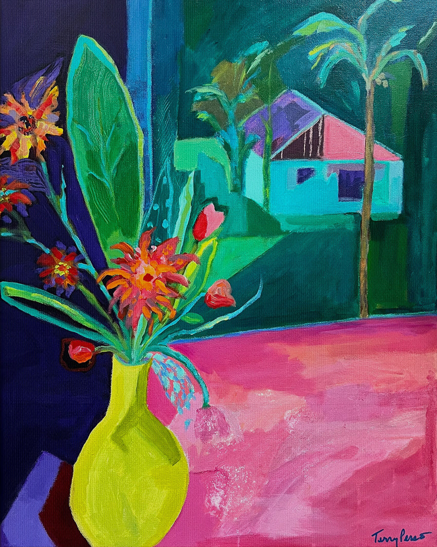 Colorful painting of a vase with flowers and a house in the background. An original still life artwork and contemporary painting by Terry Pesso inspired by everyday objects, vessels, and quiet moments. These expressive works elevate ordinary subjects into refined wall art decor and are suitable for framed art and framed wall art.