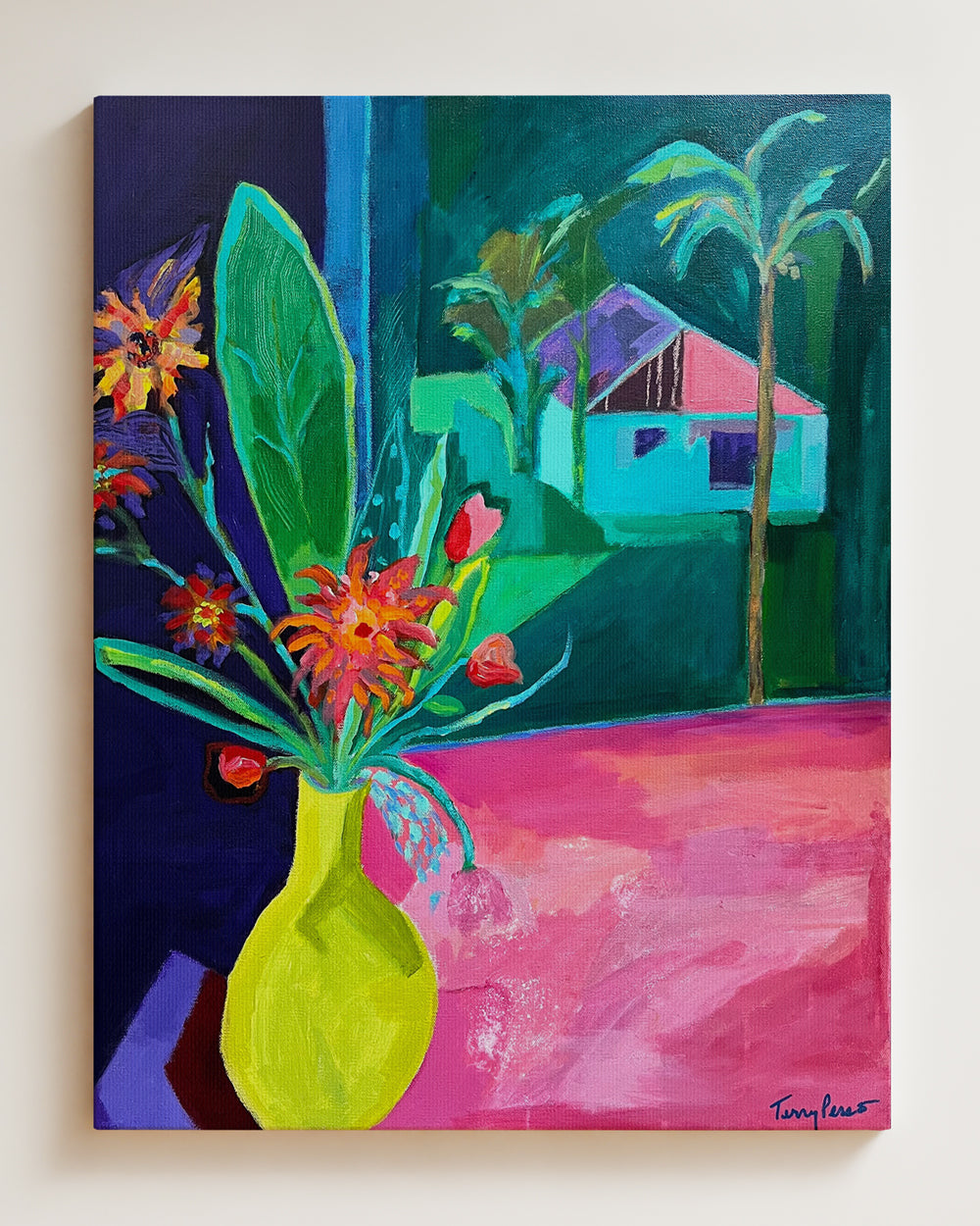 Colorful painting of a vase with flowers and a house in the background. An original still life artwork and contemporary painting by Terry Pesso inspired by everyday objects, vessels, and quiet moments. These expressive works elevate ordinary subjects into refined wall art decor and are suitable for framed art and framed wall art.