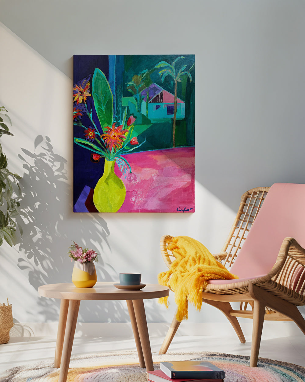 Colorful abstract painting on a wall above a table with decor items in a room. An original still life artwork and contemporary painting by Terry Pesso inspired by everyday objects, vessels, and quiet moments. These expressive works elevate ordinary subjects into refined wall art decor and are suitable for framed art and framed wall art.