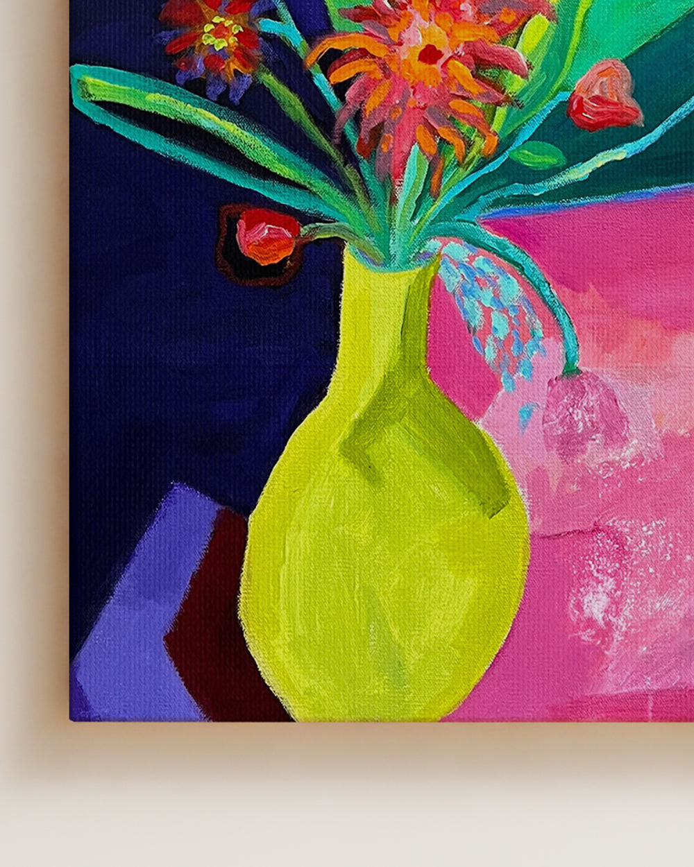 Colorful painting of a green vase with flowers against a abstract background. An original still life artwork and contemporary painting by Terry Pesso inspired by everyday objects, vessels, and quiet moments. These expressive works elevate ordinary subjects into refined wall art decor and are suitable for framed art and framed wall art.