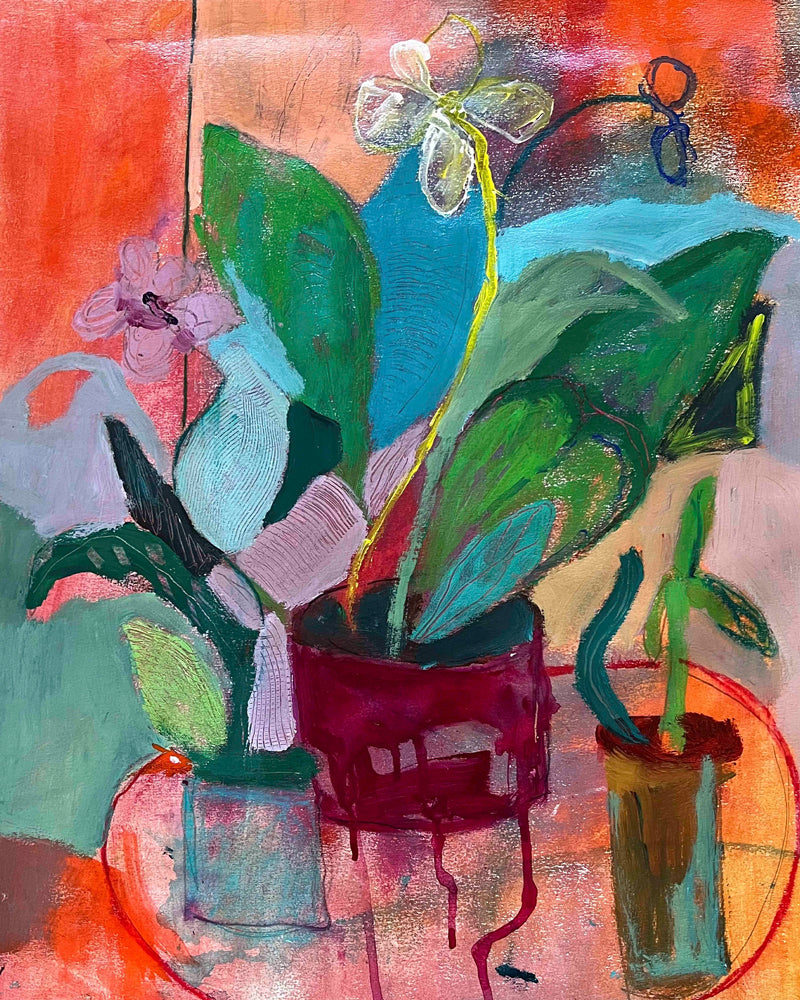 Colorful painting of potted plants with a vibrant background. An original still life artwork and contemporary painting by Terry Pesso inspired by everyday objects, vessels, and quiet moments. These expressive works elevate ordinary subjects into refined wall art decor and are suitable for framed art and framed wall art.