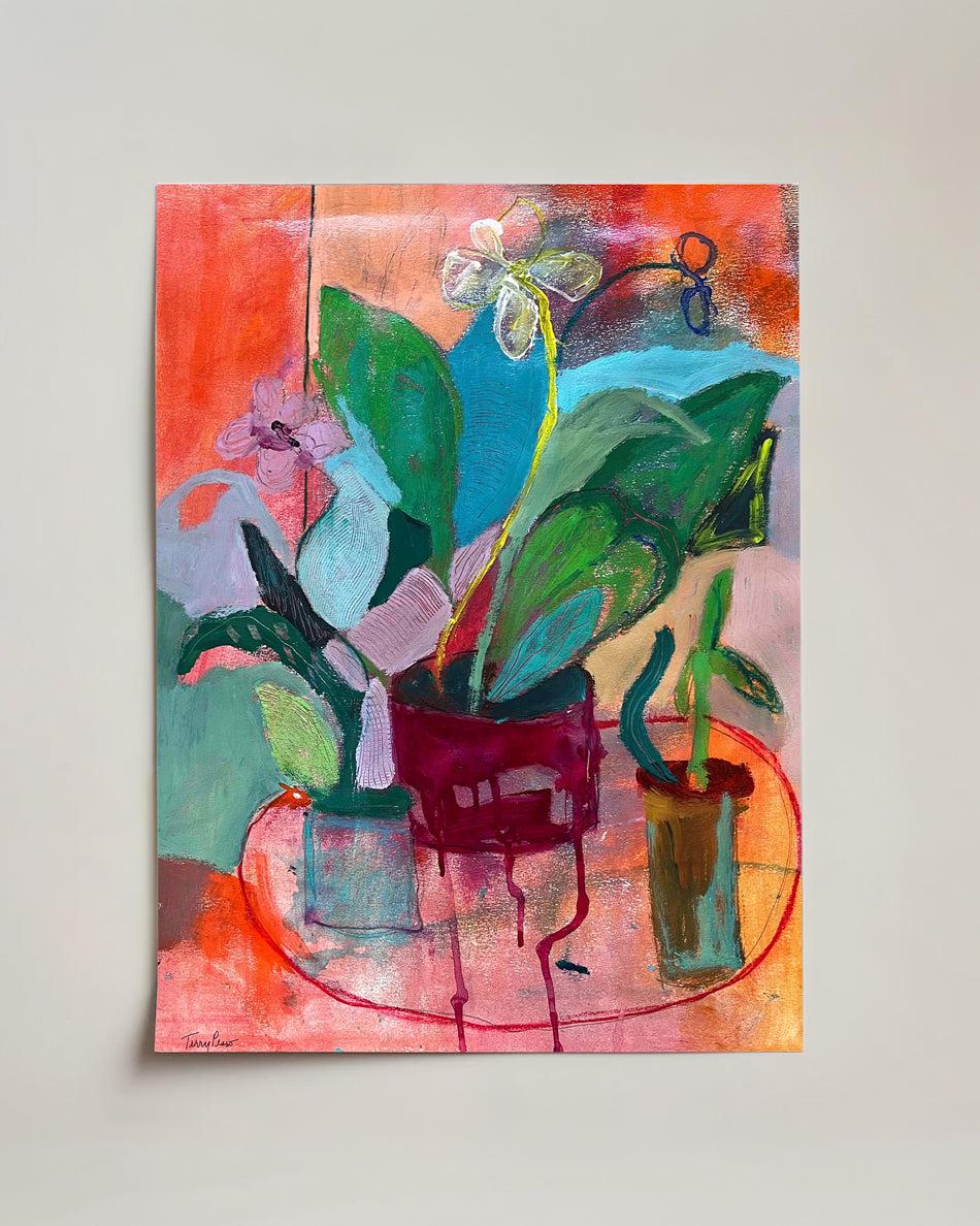 Abstract painting of potted plants on a colorful background. An original still life artwork and contemporary painting by Terry Pesso inspired by everyday objects, vessels, and quiet moments. These expressive works elevate ordinary subjects into refined wall art decor and are suitable for framed art and framed wall art.