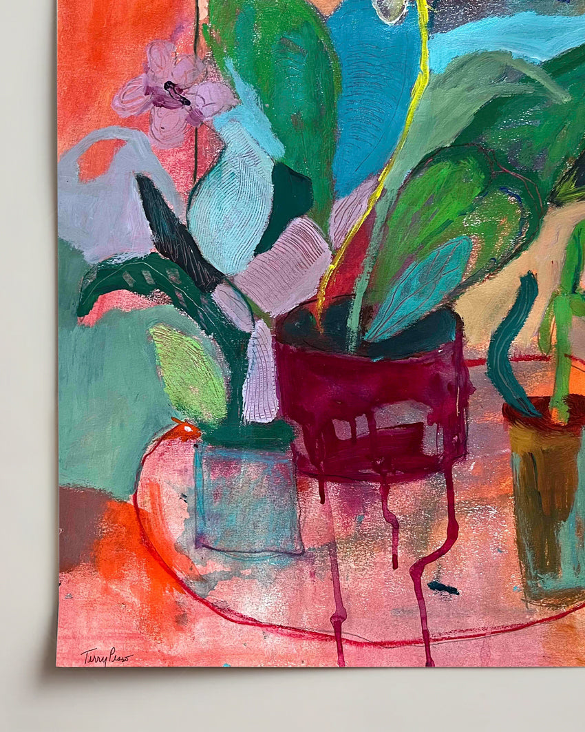 Colorful painting of potted plants on a table with abstract background. An original still life artwork and contemporary painting by Terry Pesso inspired by everyday objects, vessels, and quiet moments. These expressive works elevate ordinary subjects into refined wall art decor and are suitable for framed art and framed wall art.